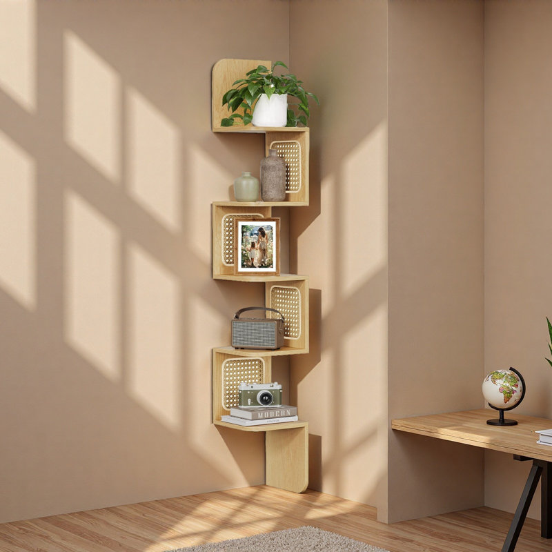 Wall Mounted Floating 5-tier Shelf, Oak Wood