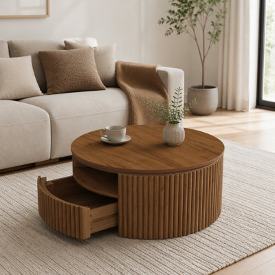 Table basse ronde en bois massif cannelé noyer avec tiroirs de rangement dissimulés, style tambour moderne du milieu du siècle
