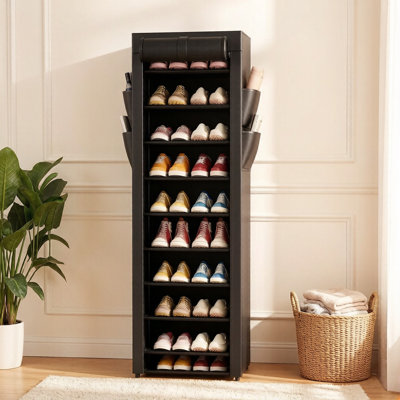 Shoe Rack 10-Tier Large Capacity Shoe Organizer Shelf With Dust Cover And Side Pockets