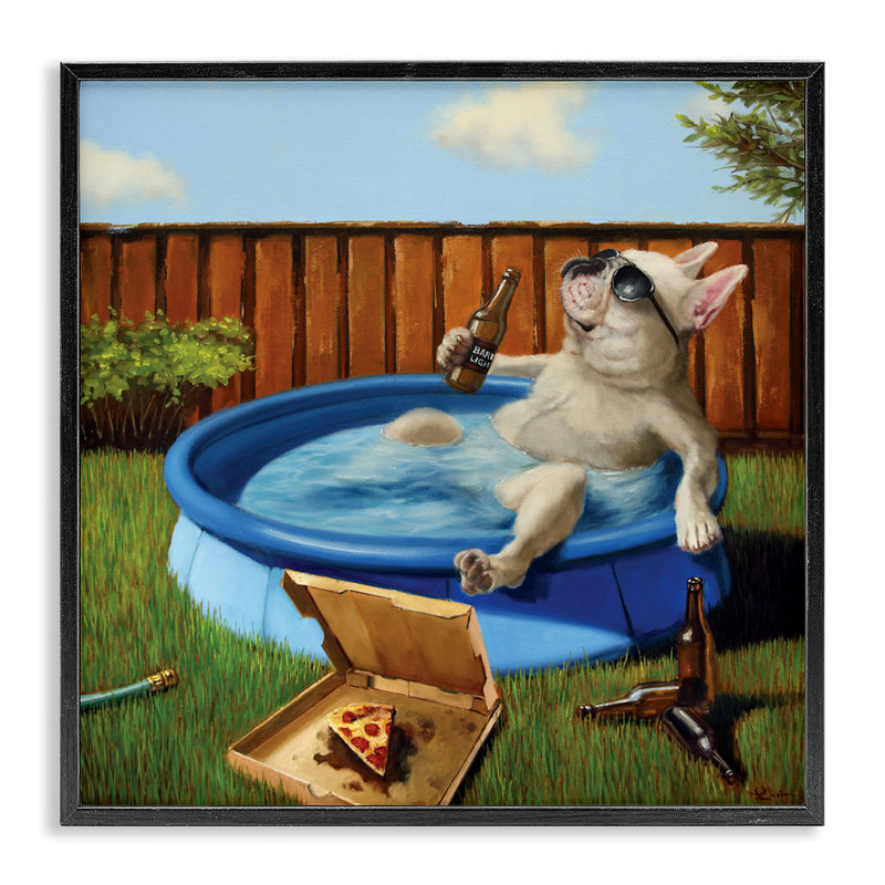 Bouledogue français buvant une piscine d'été pour animaux de compagnie par Lucia Heffernan - impression