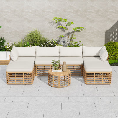Canapé modulaire en rotin 7 pièces avec coussins épais 7 pièces, conversation extérieure flexible avec table basse ronde