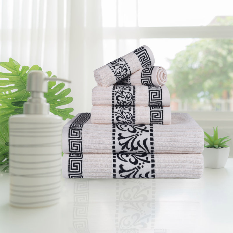 Mikira Athens Cotton Medium Weight Floral Border Greek Key Trim 6 Piece Assorted Towel Set, Ivory/Black
