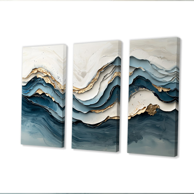 Marbre blanc et bleu, vague IV - ensemble d'art mural vagues côtières, H 28 po x l 36 po x P 1 po, Toile tendue