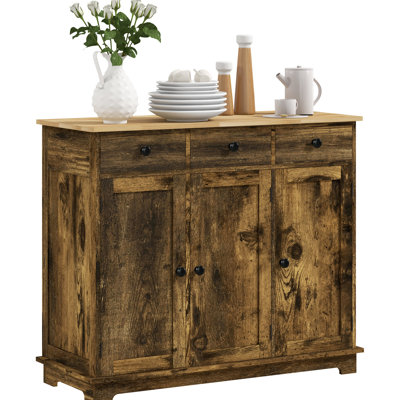 Rustic Brown Cabinet - Sideboard With 3 Drawers And Adjustable Shelves For Kitchen Modern Storage