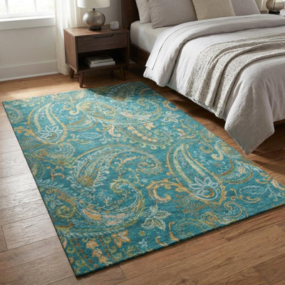 Tapis lavable en cachemire vert et or 3 pi x 5 pi avec protection UV