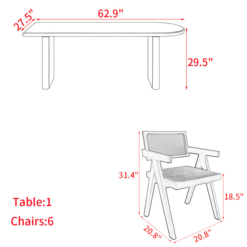 Ensemble de table de salle à manger en bois massif de style nordique, H 29,5 po x L 27,5 po x l 62,9 po