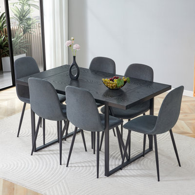 Black Wood Dining Table Set For 6，55" Rectangular Table With Metal Frame