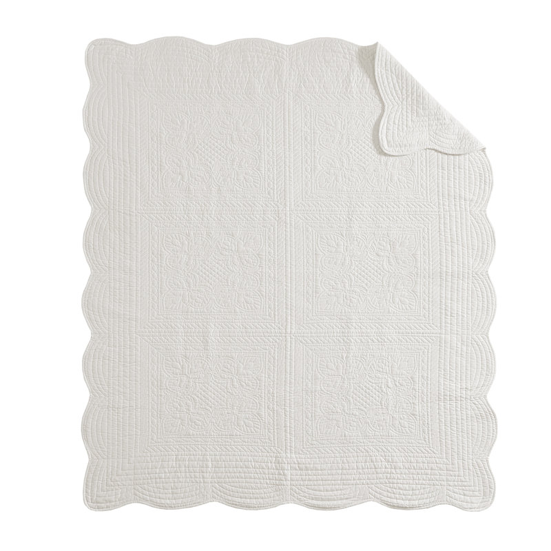 White Oversized Quilted Throw with Scalloped Edges