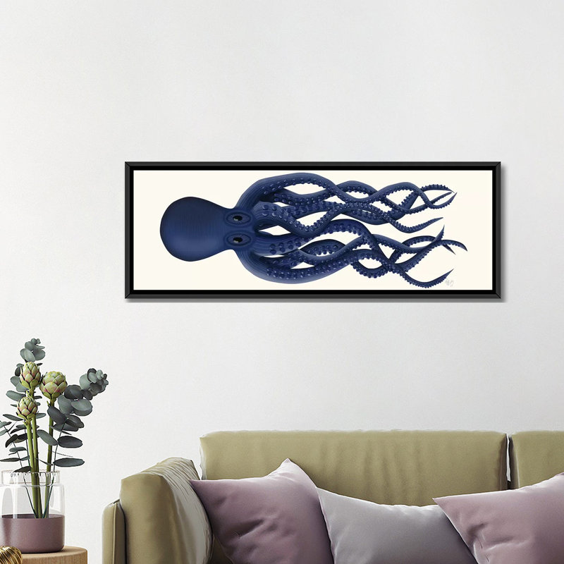 «Giant Octopus Blue Panoramic», reproduction d'impression sur toile tendue, H 12 po x l 36 po x P 1,5 po, Cadre noir