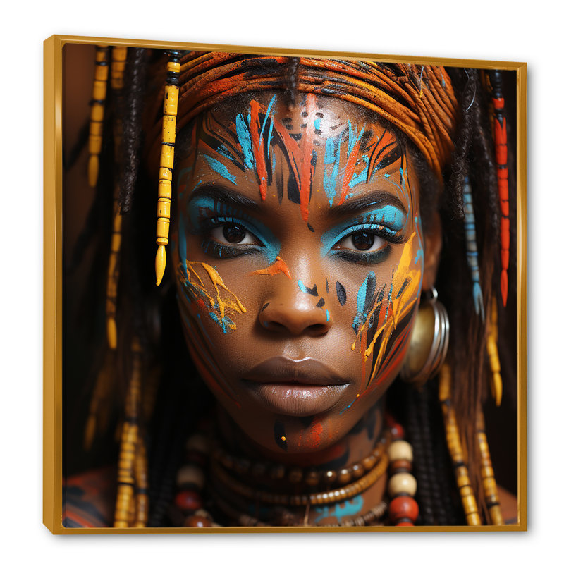 Tribu éthiopienne, portrait de femme I - art mural tribal africain, Cadre flottant doré, H 16 po x l 16 po x P 1 po
