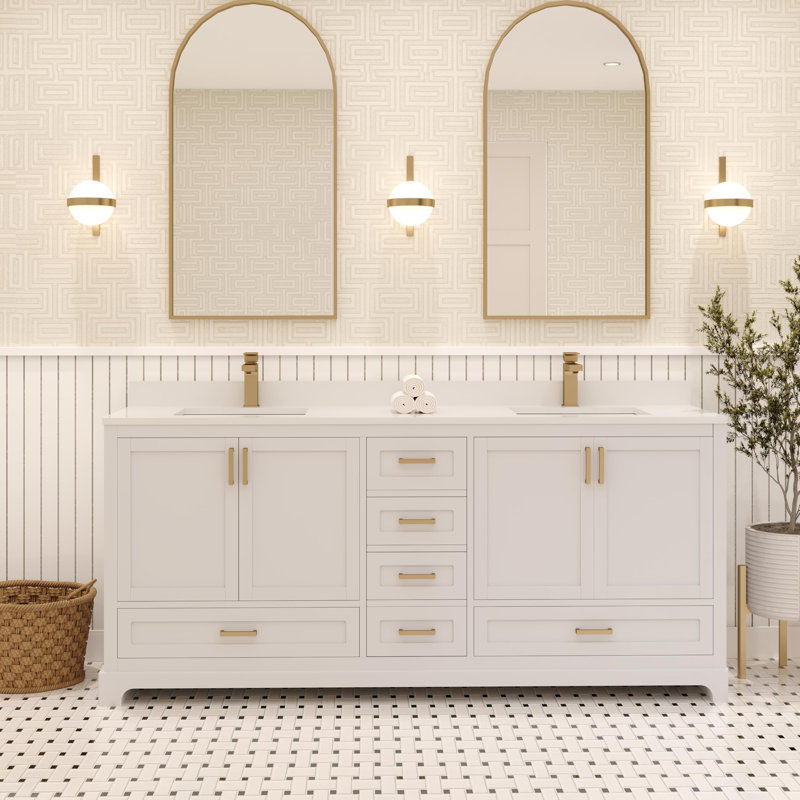 Meuble-lavabo double 72 po Maya avec comptoir en quartz blanc, Or brossé, Blanc