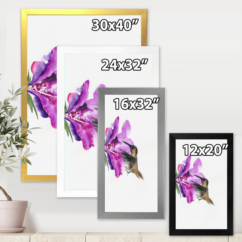 Fleur fuchsia rétro - peinture sur toile, H 32 po x l 24 po x P 1 po, Cadre blanc