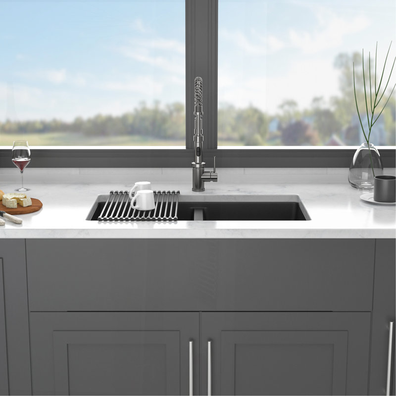Évier de cuisine en quartz - Évier de cuisine en granite composite encastrable 33 x 19 po (50/50), Noir