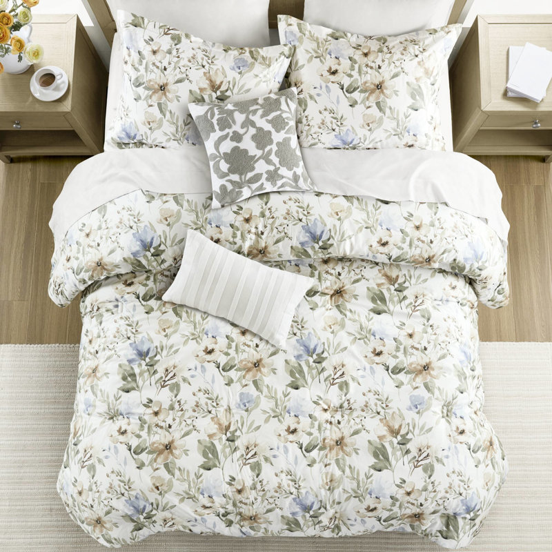 Édredon très grand 6 pièces en coton avec motif floral inspiré de la nature, 100% pour une expérience luxueuse et respirante, bourre en polyester 300 g / m², coussins décoratifs, broderie au point de chaînette, qualité