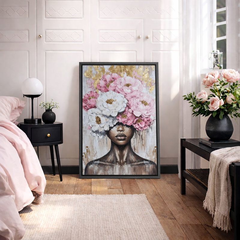 Élégance «Pivoines roses et blanches couronne, portrait féminin, images de chambre de jeune fille afro-américaine, impression sur toile encadrée, impression sur toile»