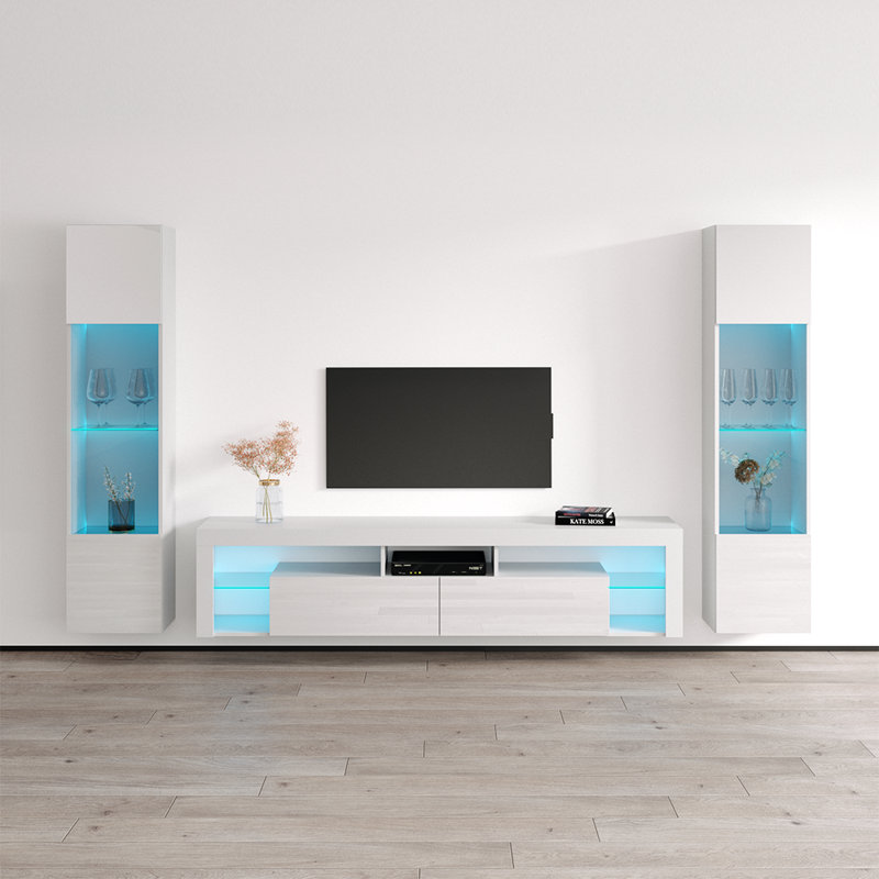 Meuble audio-vidéo moderne 110,3 po avec éclairage à DEL 16 couleurs Chaquitta, Blanc