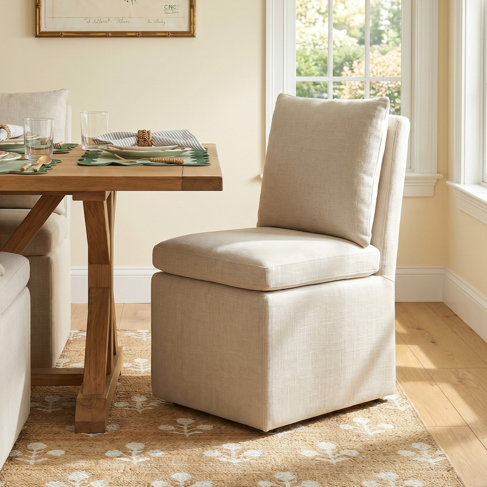 Alayaa Upholstered Side Chair with Casters, Effie Gray Performance Linen