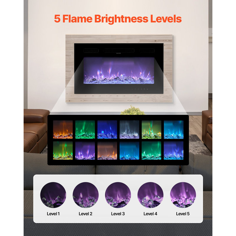 42 Inch Electric Fireplace, Wall Mounted Recessed Fire Place With Remote Control, Timer, 1500W, Adjustable Flame Color Brightness, Touch Screen, Overheat Protection, For Living Room,Bedroom