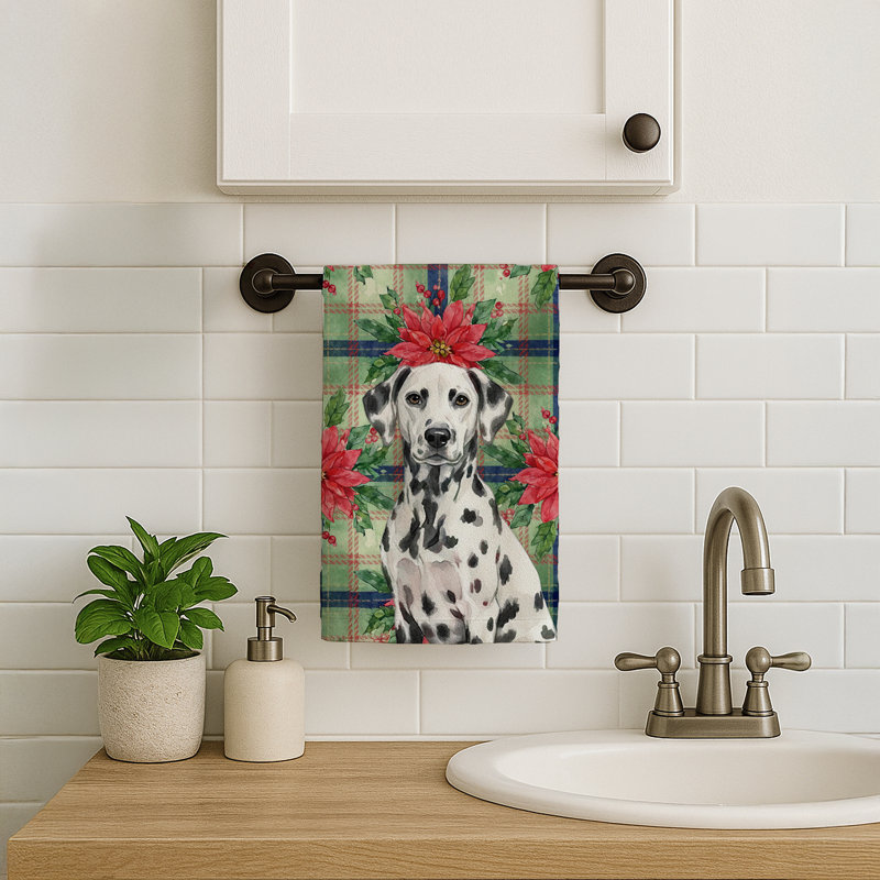 Dalmatian Christmas PoinsettIas Kitchen Towel, White/Black Dalmatian