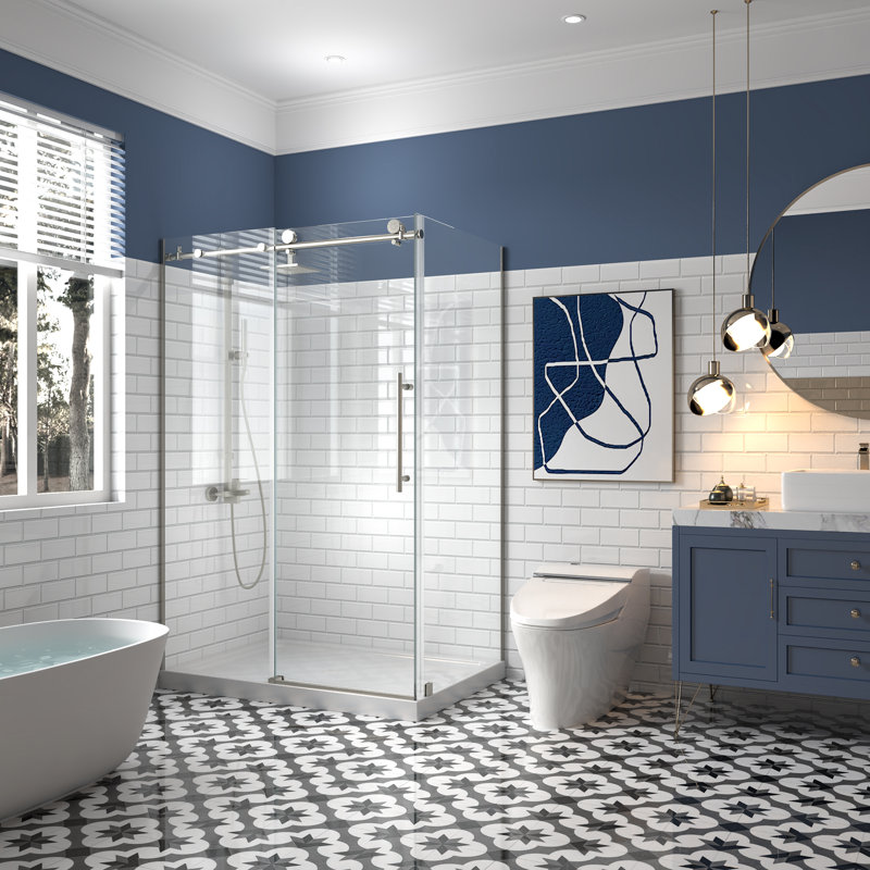 48" W x 34" D x 72" H Frameless Sliding Shower Enclosure with SGCC Certified 5/16" Clear Tempered Safety Glass