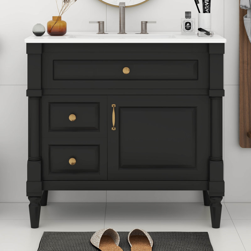 Meuble-lavabo sur pied 36 po avec lavabo, armoire de salle de bain autoportante avec vasque en céramique, tiroir rabattable, tablette réglable, 2 tiroirs