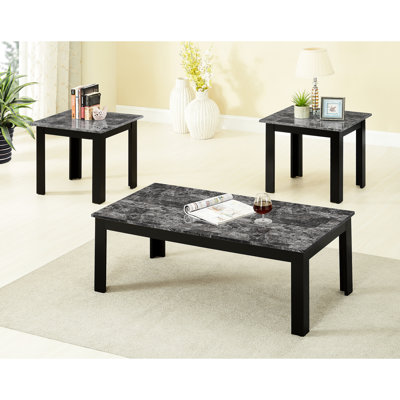 Table traditionnelle 3 pièces, tables de bout rectangulaires et carrées, dessus en faux marbre, agencement de couleurs grises, plaquette d'assemblage pratique, attrait en bois, processus rapide
