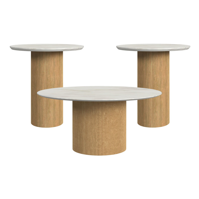 Ensemble de 3 tables d'appoint Ladene avec plateau et base en faux marbre blanc naturel - Table basse et deux tables d'appoint