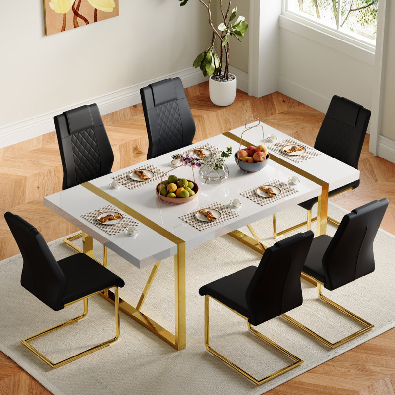 Ensemble de salle à manger rectangulaire pour 6 personnes, 6 chaises en similicuir de luxe, Doré, Noir et or