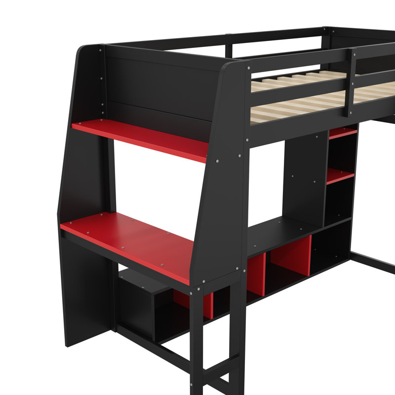 Lit mezzanine avec bureau en bois, Noir, Lit simple