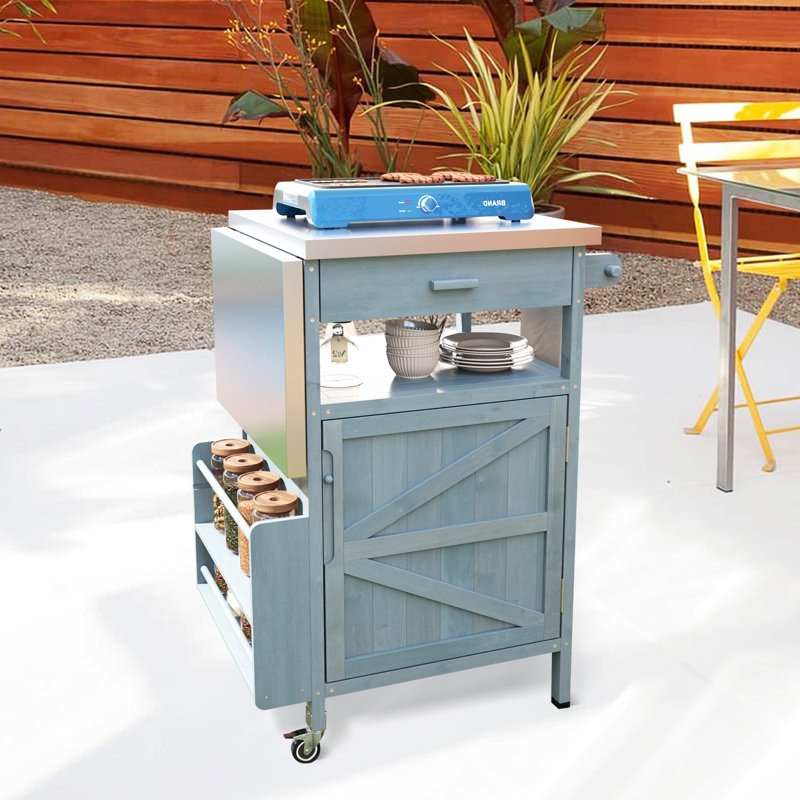 40.5" Solid Wood Outdoor Grill Cart with Stainless Steel Top, Drop Leaf and Lockable Wheels, Blue Grey, Blue Gray