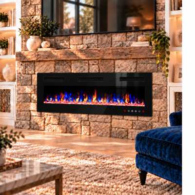 Recessed & Wall Mounted Electric Fireplace with Touch Screen & Remote Control, 12 Flame Colors, Crystal Stones, 1-8H Timer, 1500W