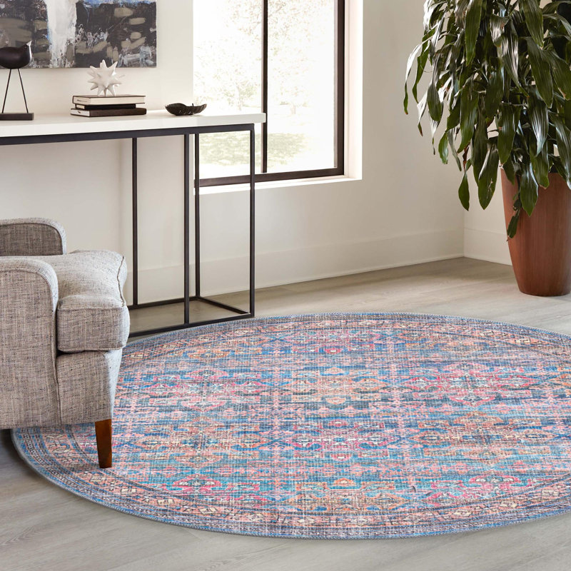 Tapis bleu tissé à la machine Hadsell, Rond 3 pi 11 po