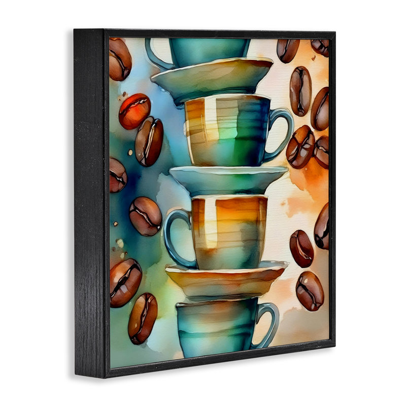  Grains de café et tasses, art giclée par Alina Georgescu, Giclée encadrée noir minuit, H 12 po x l 12 po