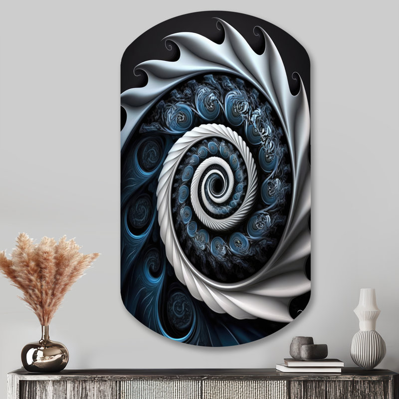 Bleu et blanc vitrail liquide II - Cylindre spirales abstraites en métal, sculpture murale asymétrique