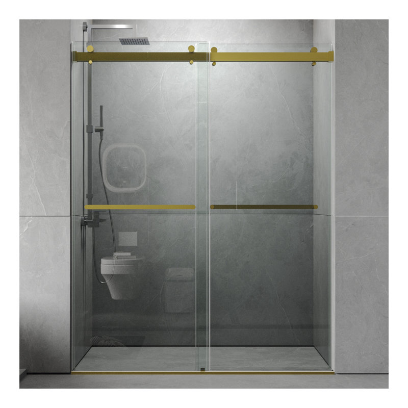 Porte de douche sans cadre, porte de douche coulissante double avec verre trempé épais de 3/8 po (10 mm) de qualité supérieure, acier inoxydable
