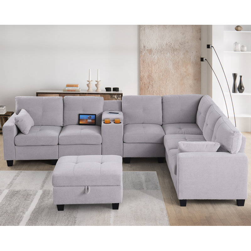 Canapé modulaire rembourré 8 pièces avec ports USB et repose-pieds avec rangement Chesham, Mélange de polyester gris clair