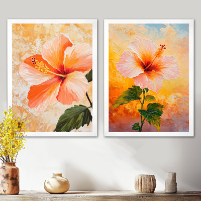 «Flower Hibiscus in the Sunset I» - ensemble de 2 décorations murales, art floral traditionnel