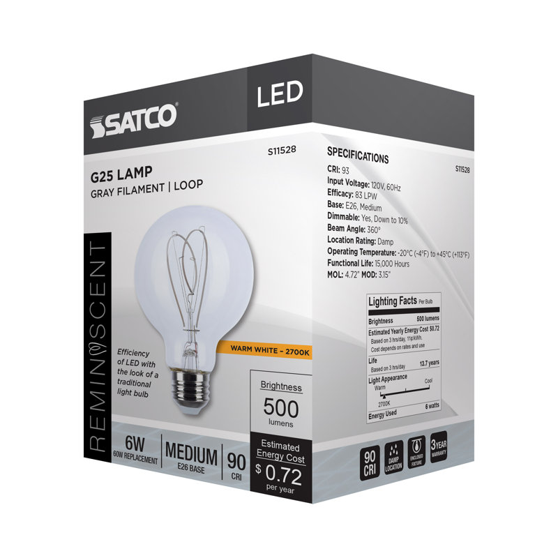 6 Watt LED - Flex Gray Filament - G25 Loop - Medium Base - 2700K CCT - Clear - 120 Volt