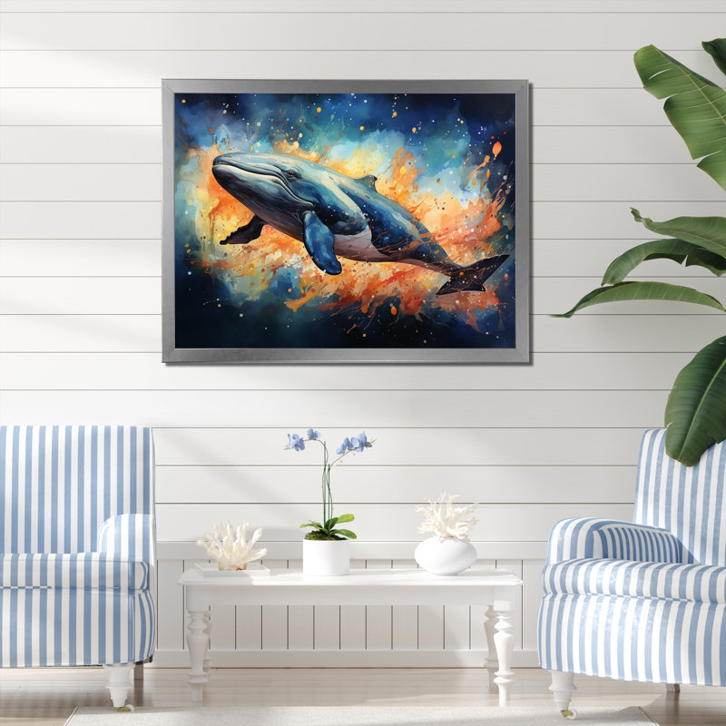 Baleine bleue majestueuse à l'aquarelle - baleine, art mural, Cadre flottant blanc, H 12 po x l 20 po x P 1 po