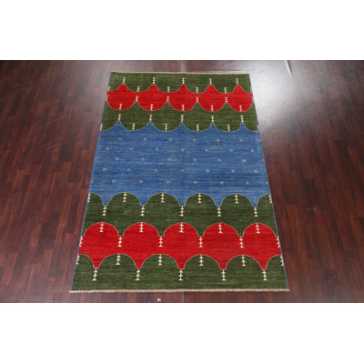 Tapis unique en laine noué à la main 6 pi 4 po x 9 pi 3 po nouvel âge en bleu marine et bleus