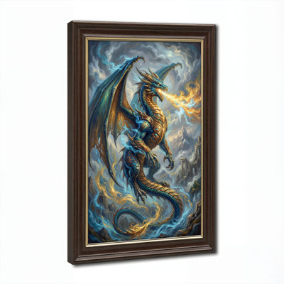 Art mural antique sur toile encadré doré pour le salon, la chambre à coucher, le bureau ou le vestibule - Décoration murale décorative avec feu de dragon