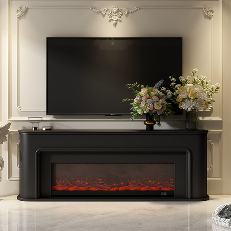 Black Solid Wood TV Cabinet Fireplace, Black