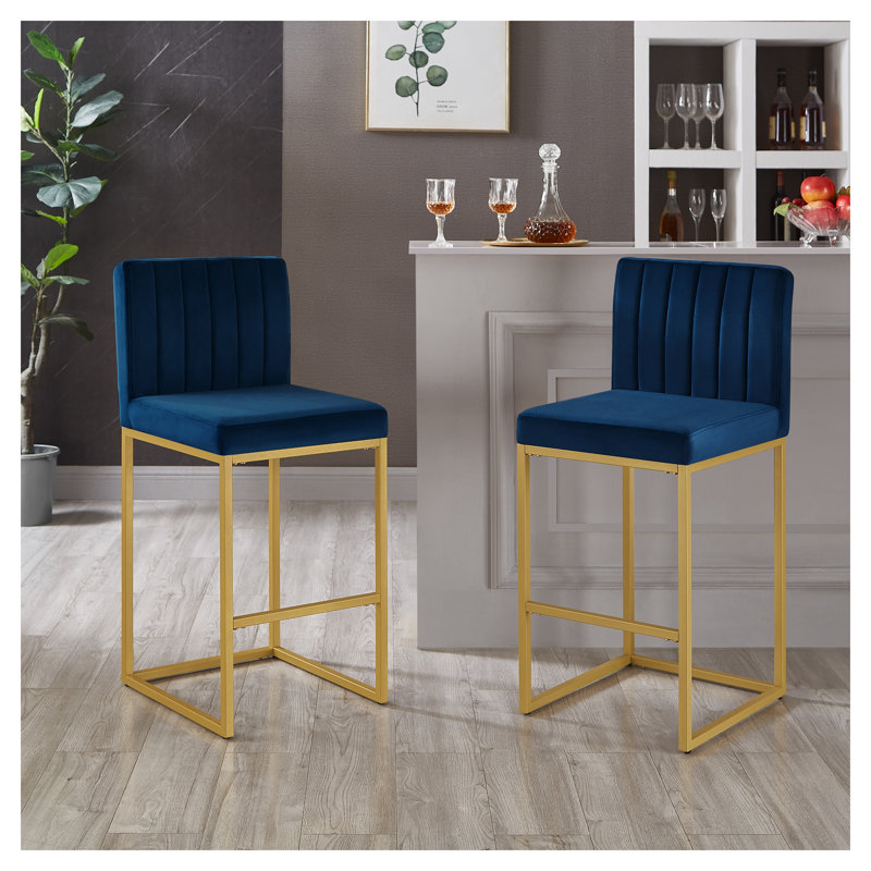 Tabouret à hauteur de comptoir moderne en velours avec dossier complet - ensemble de 2 - Bleu marine, Marine, Matelassé