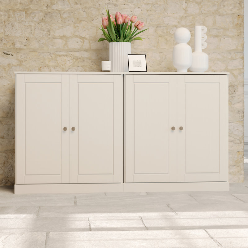 Buffet 100% bois massif 64 po avec portes solides, 4 tiroirs et tablettes réglables, Blanc