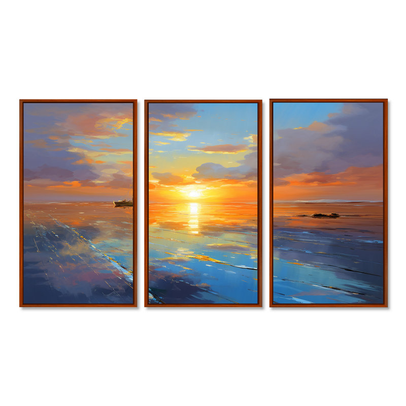 «Little Boat At The Infinite Ocean Sunset», ensemble d'art mural plage et océan, Cadre flottant brun