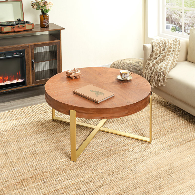 Table basse 33,8 po d'épaisseur rétro moderne avec plateau en bois de sapin et pieds croisés dorés, Doré