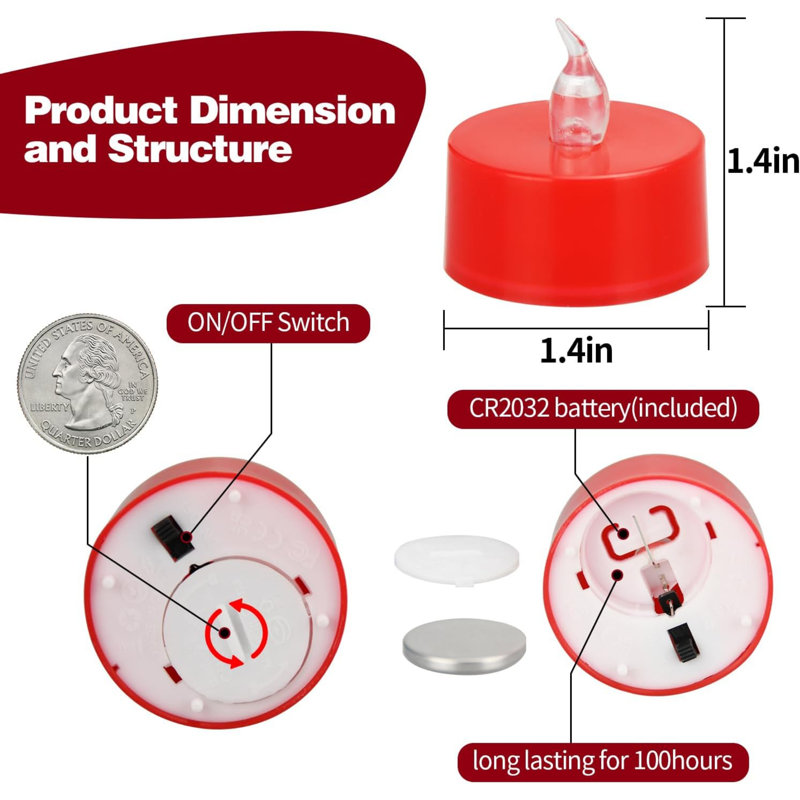 24 Pack LED Tea Lights, Red Light, Red Base, 3.55, 12