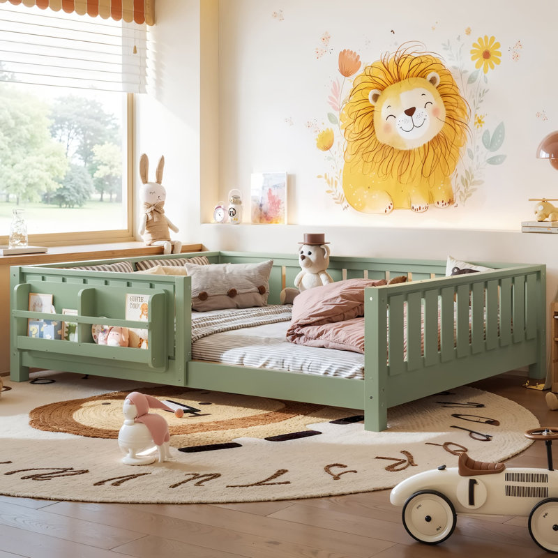 Lit plateforme double avec barrière de sécurité intégrée pour bibliothèque, cadre de lit double en bois massif Montessori pour enfants, garçons, filles, facile à assembler (double, vert, bibliothèque)