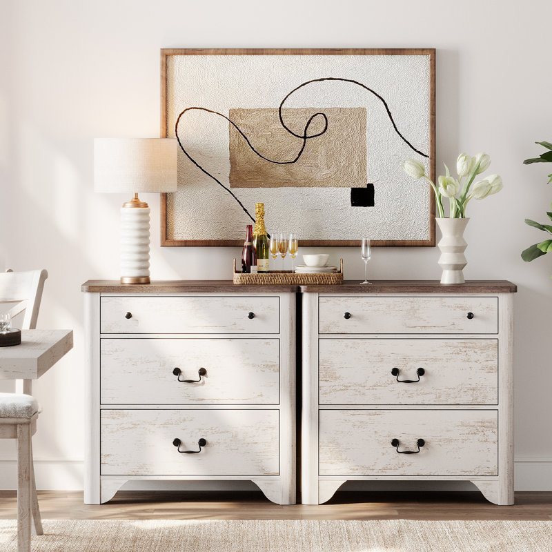 Commode décorative 6 tiroirs Haikey Commode en bois l 63 po, Blanc / brun, 2 pièces