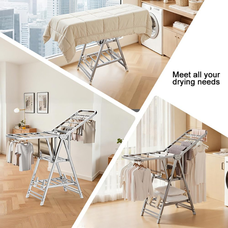 Clothes Drying Rack,Stainless Steel Foldable Laundry Drying Rack with Height Adjustable Wings